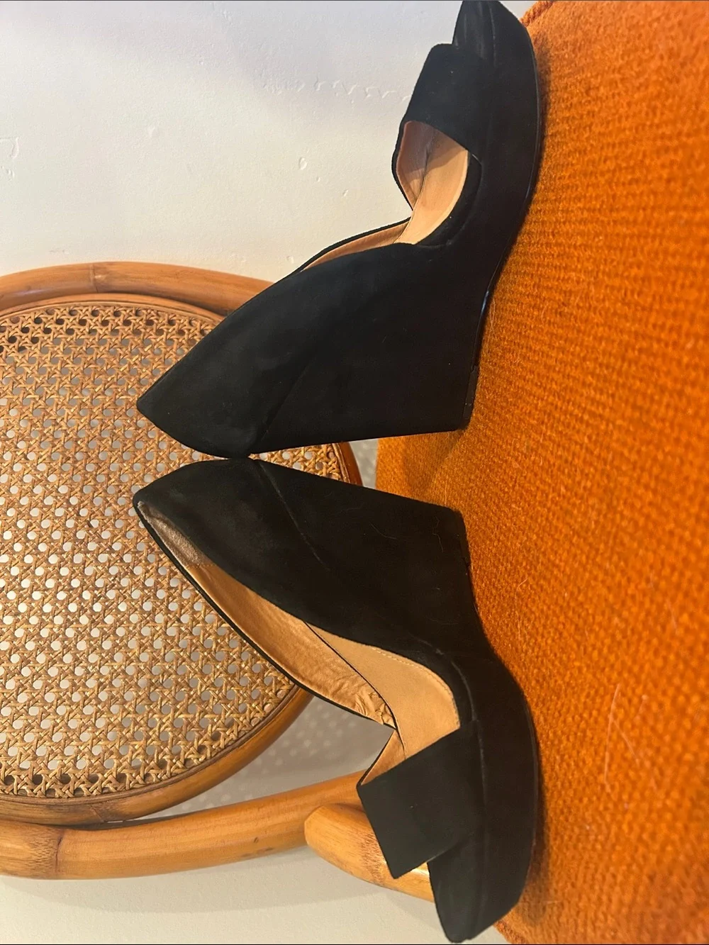 Naughty Monkey Black Suede Peep Toe Wedge Heels
